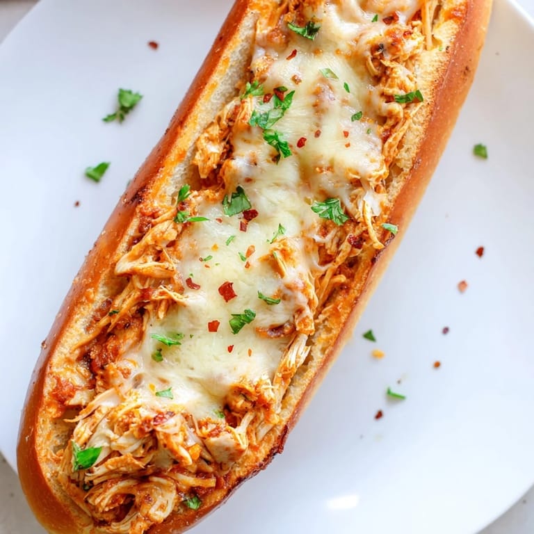 Sliced Chicken Parm Stuffed Garlic Bread reveals layers of tender chicken, garlic butter, and bubbly cheese, served warm on a plate.  
