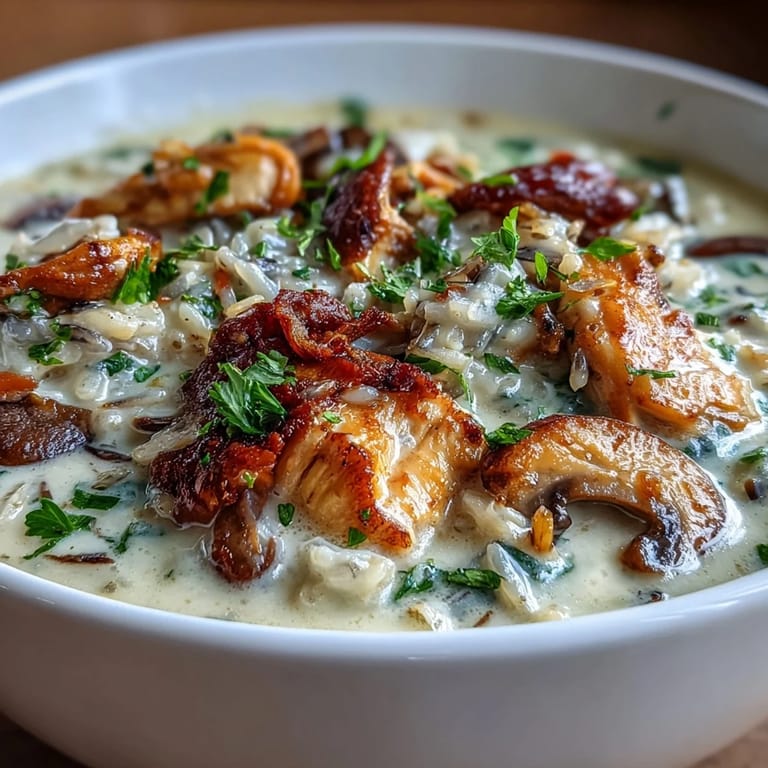 Hearty Parmesan Mushroom Chicken and Wild Rice Soup served in a mug, perfect for a cozy, chilly evening meal.
