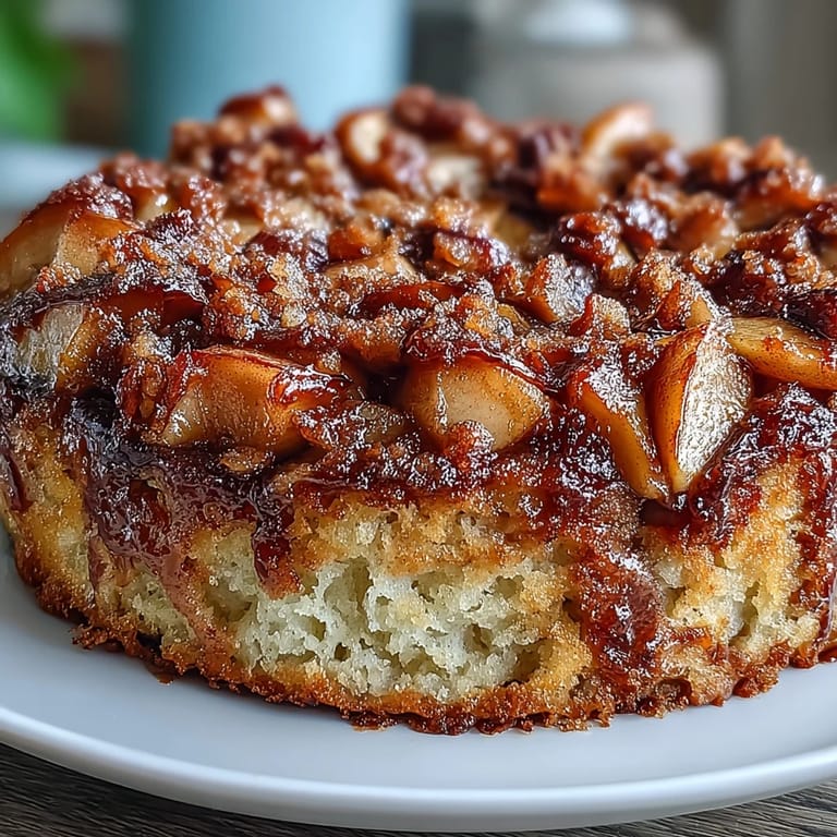 A slice of warm Baked Apple Cake served with crème fraîche, showcasing tender apple layers and a moist texture.