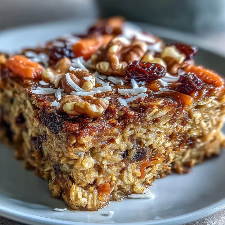 A close-up of moist Carrot Cake Baked Oatmeal, featuring visible carrot shreds, raisins, and a drizzle of maple syrup.