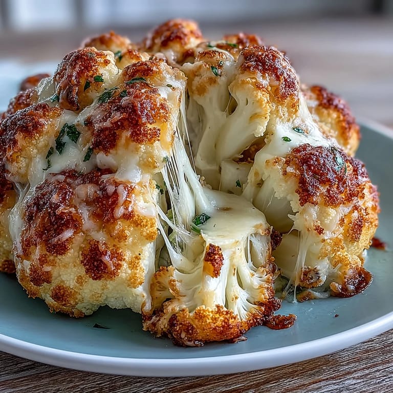 Perfect vegetarian main course featuring Cheesy Stuffed Cauliflower Head served with fresh green herbs and warm crusty bread.