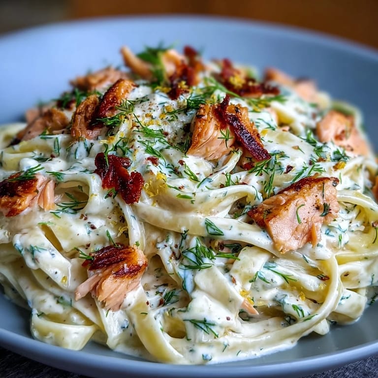 Warm, creamy salmon pasta twirled on a fork, showcasing rich sauce and tender flakes of salmon, perfect for pescatarian meals.