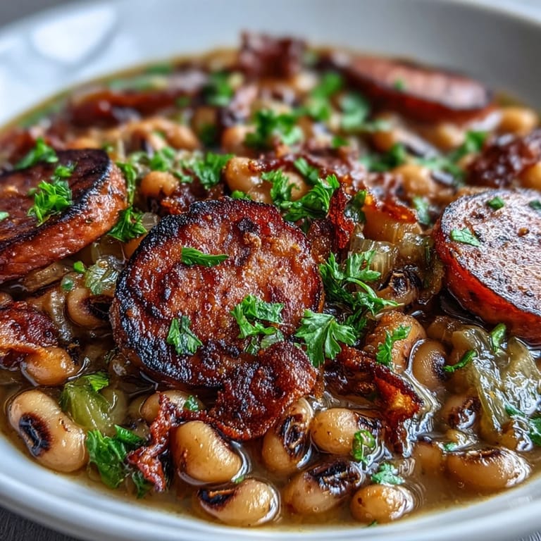 Hearty Southern-Style Black-Eyed Peas garnished with chopped parsley and a dash of hot sauce for extra spice.