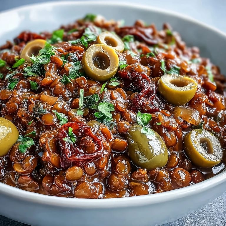 Steam rises from a bowl of Cuban-Inspired Lentil Picadillo, served alongside fluffy white rice for a hearty meal.