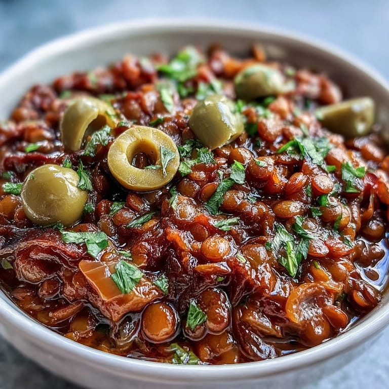 A vibrant plate of Cuban-Inspired Lentil Picadillo features lentils, diced carrots, and red wine vinegar garnish.