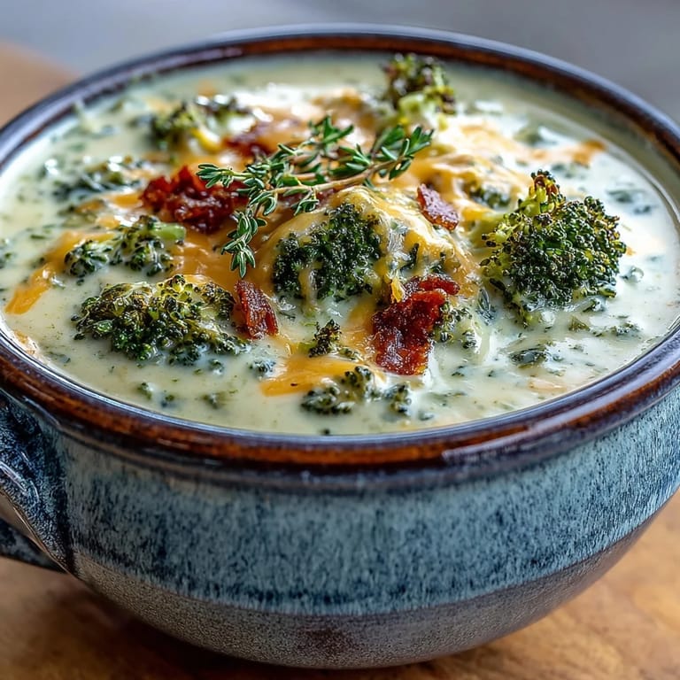 Roasted broccoli cheddar soup in a rustic mug, showcasing a thick, velvety texture with hints of sharp cheese and tender carrots.