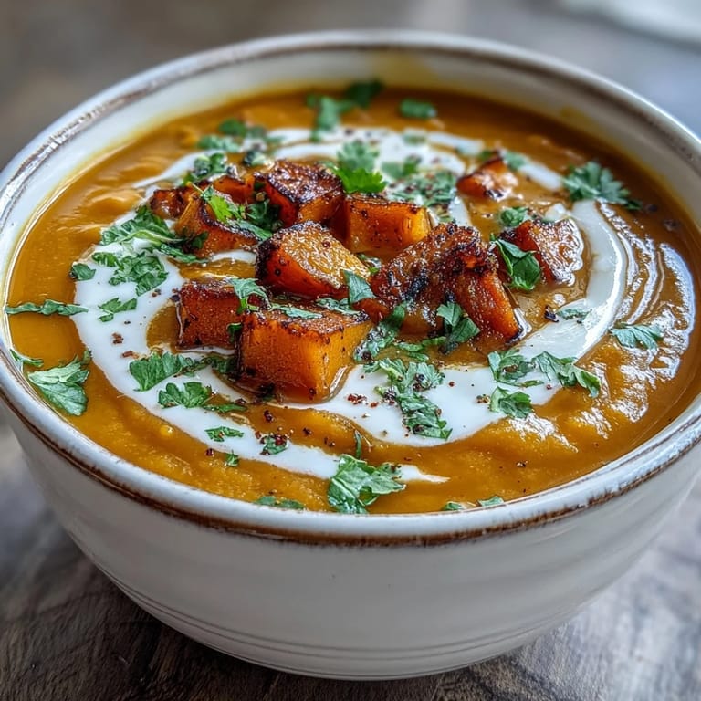Hearty Butternut Squash and Lentil Soup ladle scoop serving into a white ceramic bowl. 