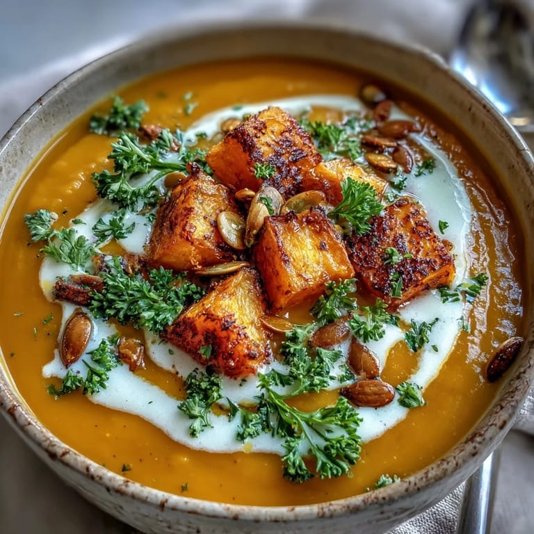 Roasted broccoli and butternut squash soup served warm in a rustic bowl for a comforting dinner.