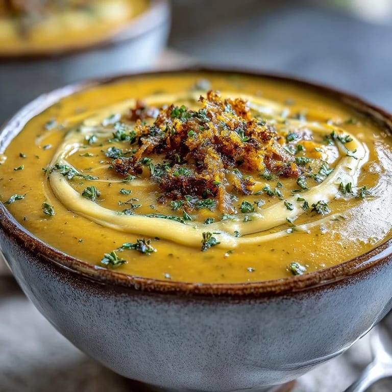 Homemade creamy butternut squash broccoli cheddar soup served steaming with crusty bread on the side.