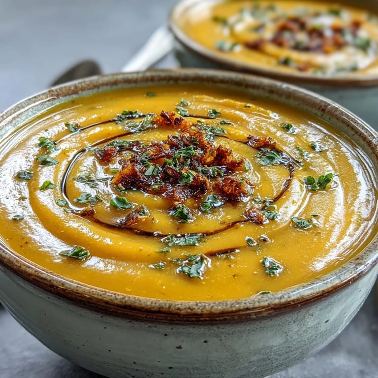 Roasted butternut squash and broccoli blended into a rich, velvety cheddar soup in a white bowl.