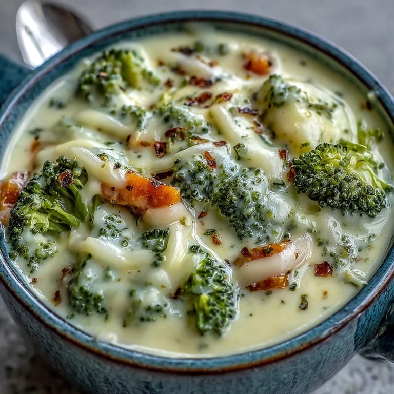 Golden Broccoli Cheddar Soup simmering in a pot, with tender broccoli and carrots in a thick, cheesy broth ready to serve.