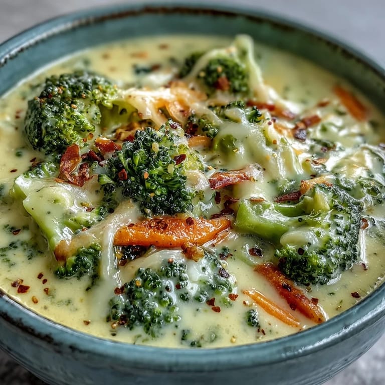 Close-up of rich Broccoli Cheddar Soup in a white bowl, showing melted cheddar strands and vibrant green broccoli pieces.