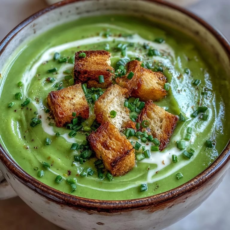 A close-up of Cream of Broccoli Soup in a rustic bowl, topped with a swirl of cream and aromatic chives.