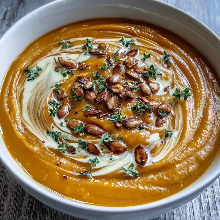 Creamy Easy Roasted Butternut Squash Soup garnished with pumpkin seeds and fresh thyme.