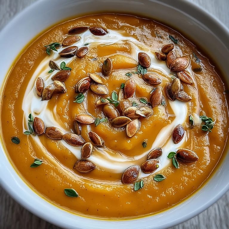 Rich, velvety Easy Roasted Butternut Squash Soup served in a rustic bowl with a drizzle of cream.