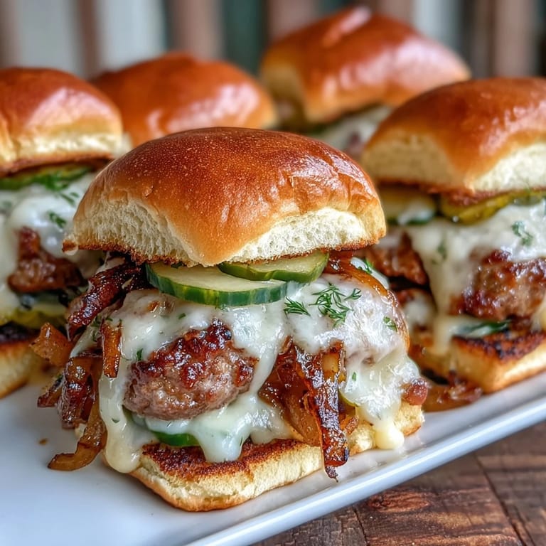 Overhead view of Touchdown Brat Sliders with sesame seed buns, loaded with savory onions and tangy pickles on a slate board.