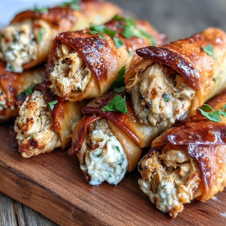 A platter of baked Mini Chicken Chimis, garnished with cilantro, green onions, and dipping sauce.