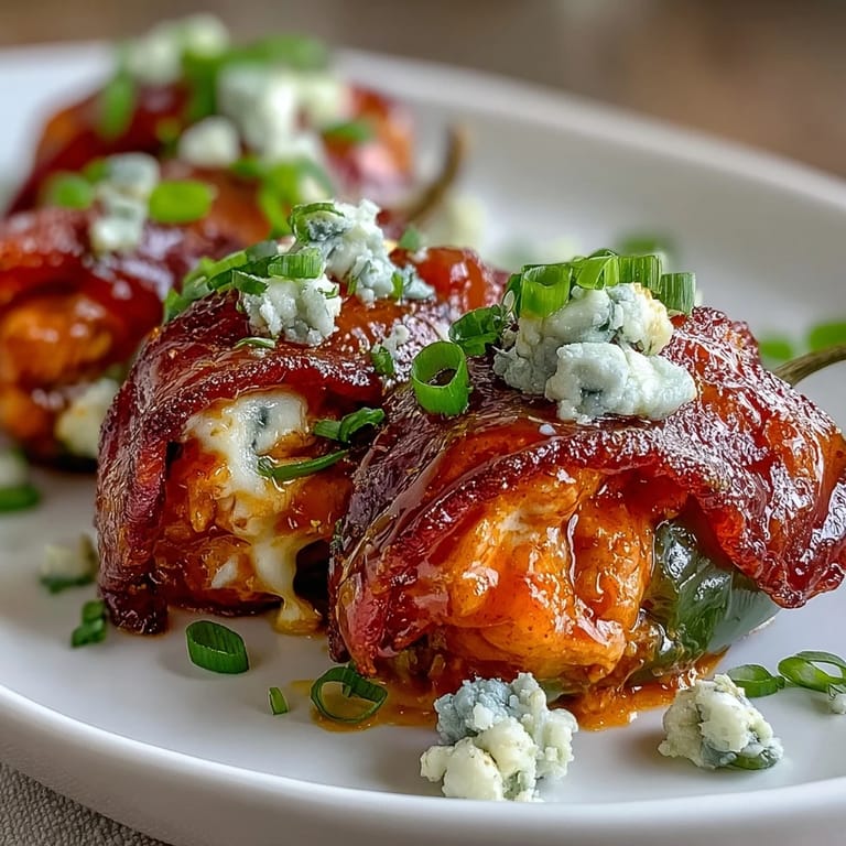 Bubbling Buffalo Wing Poppers with shredded chicken and spicy jalapeño filling, drizzled with extra buffalo sauce for kick.