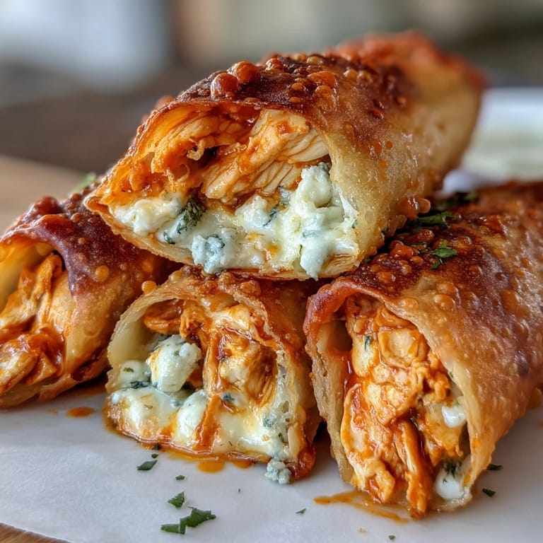 Homemade Buffalo Chicken Egg Rolls garnished with green onions, fried until crispy, and arranged beside a bowl of ranch.