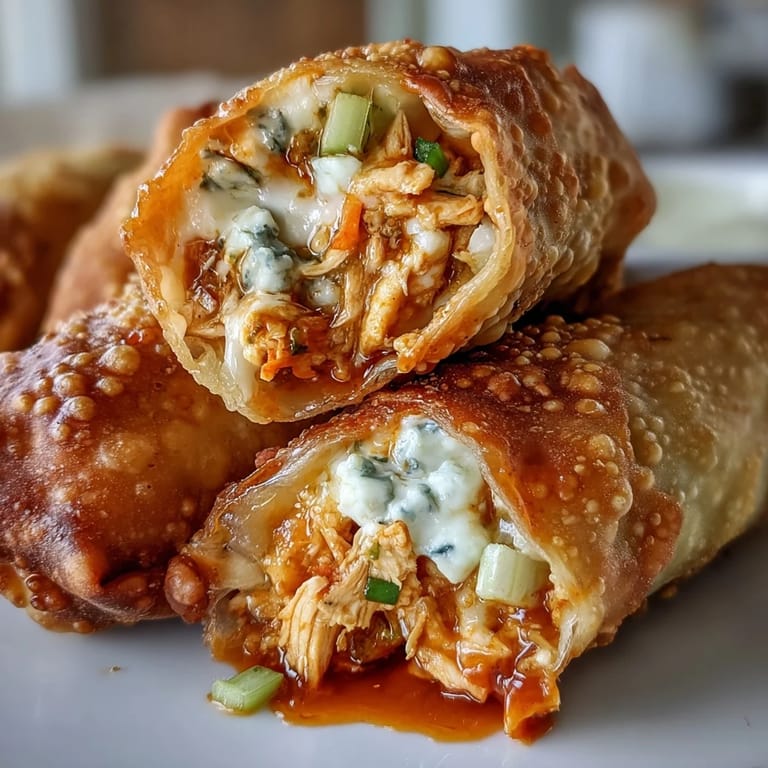 Spicy Buffalo Chicken Egg rolls with melted mozzarella and crunchy vegetables, served hot with celery sticks for dipping.