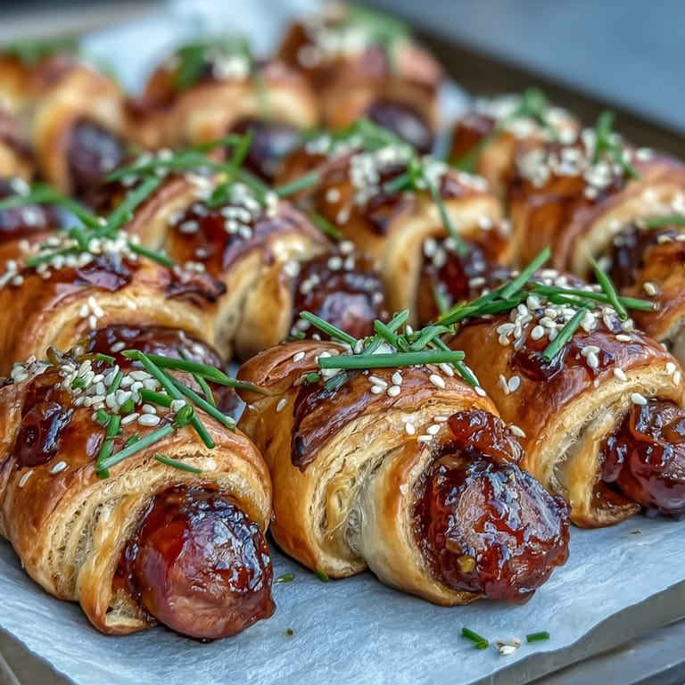 Buttery puff pastry wrapped around mini sausages and glazed with shimmering red Pepper Jelly Hogs in a Blanket for a spicy-sweet bite.