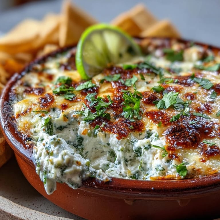 Cheesy, tangy Cilantro and Lime Chicken With Scoops dip bubbling from the oven, paired with crunchy tortilla scoops.