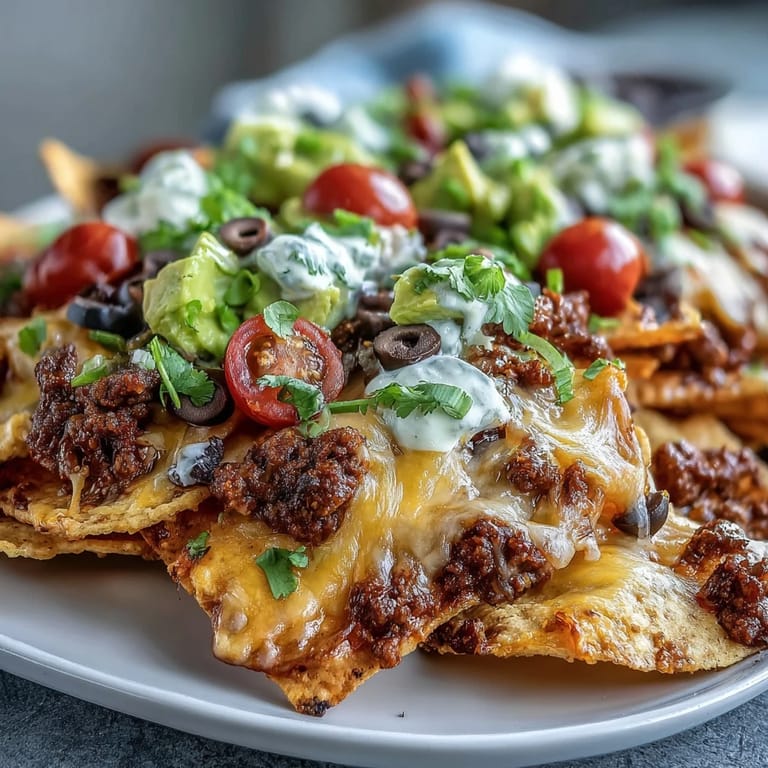 Oven-baked Tex-Mex nachos with bubbling cheese, black beans, jalapeños, and creamy avocado, served hot.