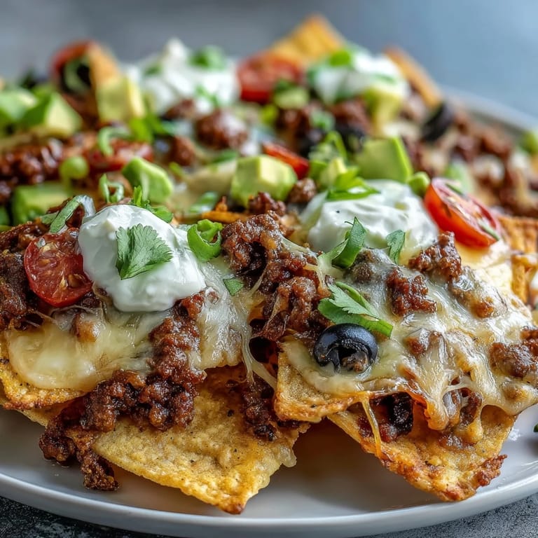 Freshly baked nachos topped with tomatoes, olives, red onion, cilantro, and sour cream for sharing.