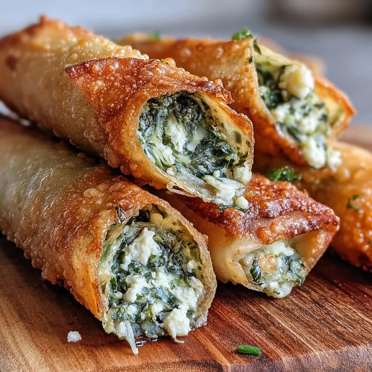 Freshly fried Spanakopita Spring Rolls served with lemon wedges on a rustic wooden board.