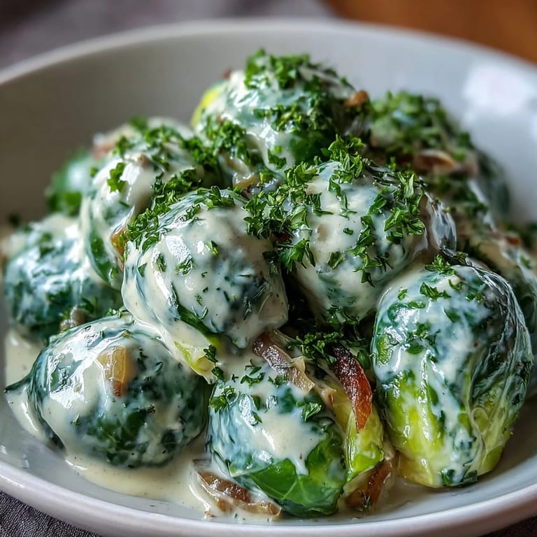 Savory Brussels Sprouts in Cream Cheese-Mustard Sauce plated with parsley garnish, showcasing a luscious, smooth sauce that clings to each sprout.