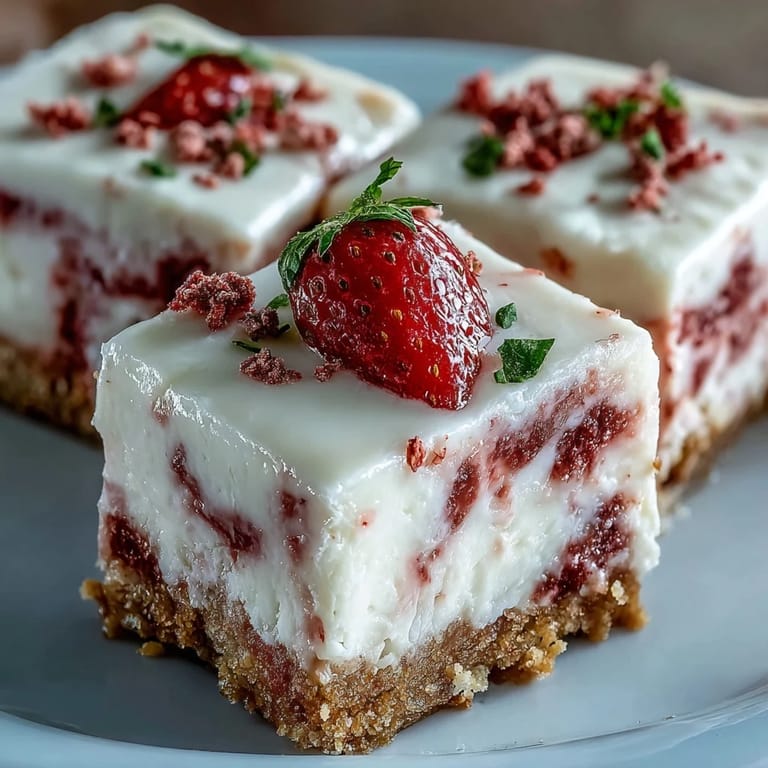 A close-up of No-Bake Strawberry Fudge Squares, showing a smooth, vibrant pink topping and a crunchy biscuit base on a marble slab.