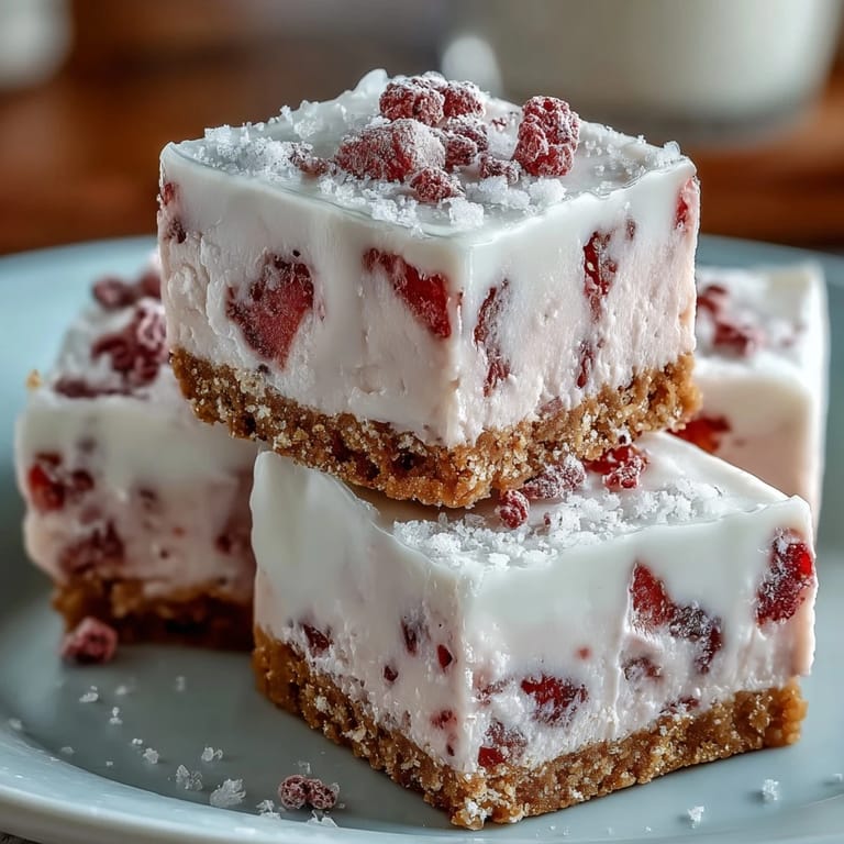 Perfectly set squares of No-Bake Strawberry Fudge are lifted from the pan, revealing the creamy white chocolate and strawberry texture.