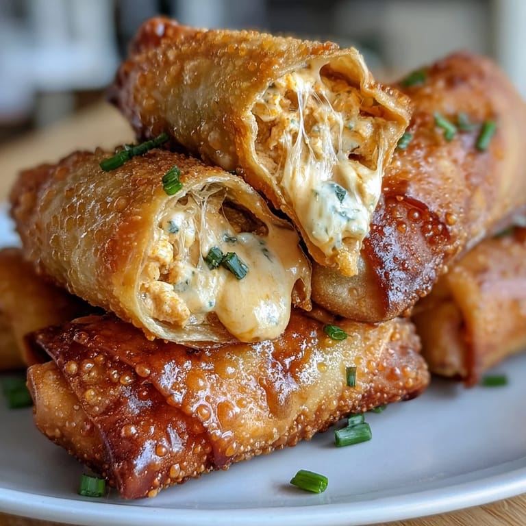 Serve these crispy Buffalo Chicken Dip Egg Rolls with a side of ranch or blue cheese for dipping.