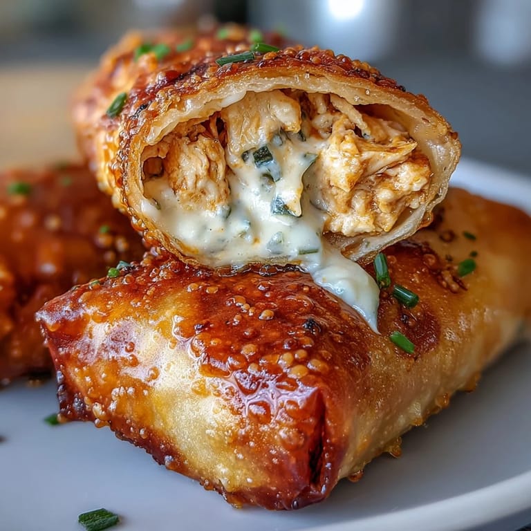 Buffalo Chicken Dip Egg Rolls are arranged on a plate, revealing a cheesy, spicy filling with green onions.
