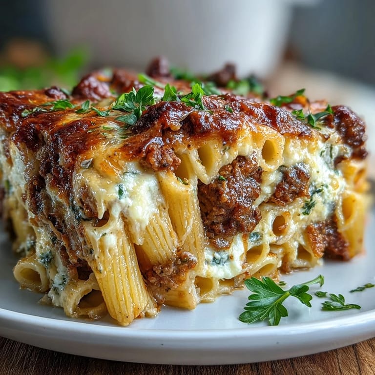 A hearty slice of Cottage Cheese Protein Pasta Bake reveals tender penne, rich beef sauce, and fluffy curds.
