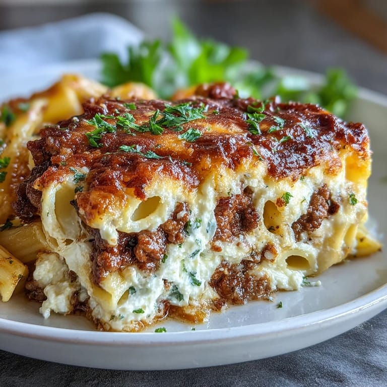 Fresh basil garnishes a serving of Cottage Cheese Protein Pasta Bake, paired with a side salad for dinner.