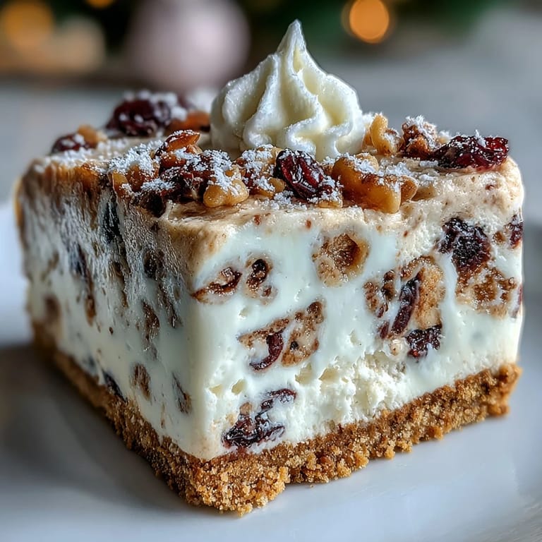 Festive Christmas Cheesecake Slab served with whipped cream dollops, perfect for a holiday dessert spread or buffet table.