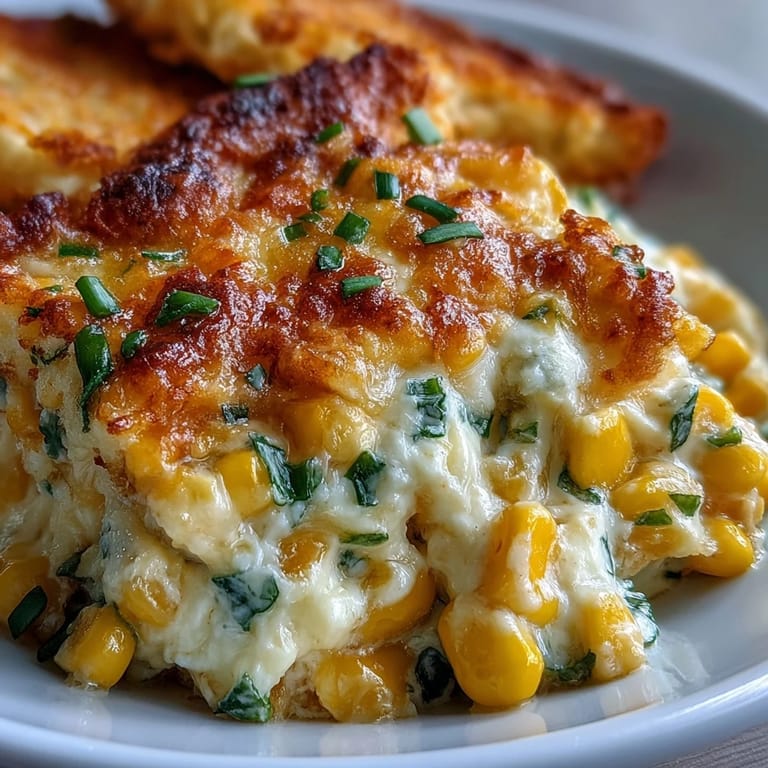 Savory Crack Corn Dip topped with green onions and cheddar, served in a white dish with chips.