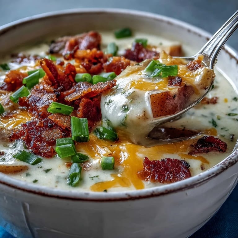 Hearty Loaded Potato Soup served steaming hot, garnished with extra cheese and crispy bacon for a comforting lunch.