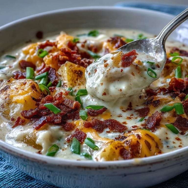 Velvety Loaded Potato Soup topped with green onions, sour cream, and cheddar, ready for a satisfying spoonful.