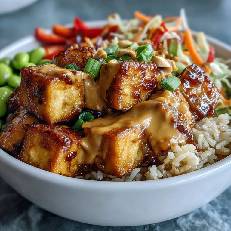 Close-up of a nourishing Peanut Tofu Power Bowl featuring golden tofu cubes, crunchy veggies, and sesame seeds.