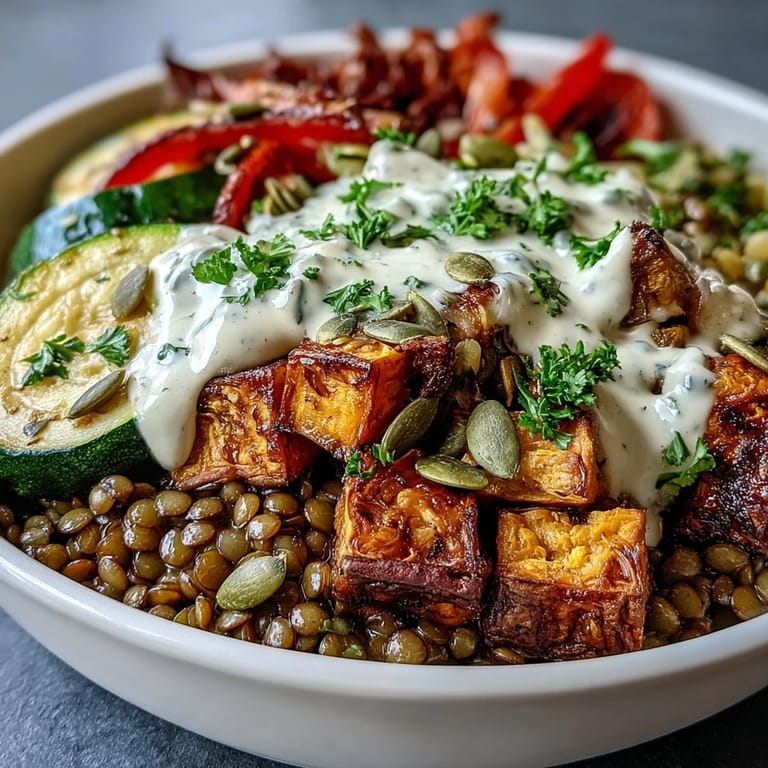 This hearty vegan Lentil Power Bowl features golden roasted vegetables, savory lentils, and a luscious tahini drizzle, topped with crunchy pumpkin seeds.  