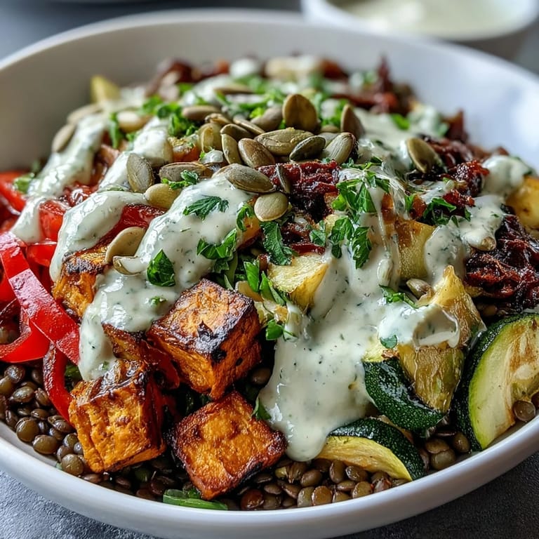 Warm and nourishing, the Lentil Power Bowl combines perfectly cooked grains and lentils with caramelized vegetables and fresh parsley for a satisfying plant-based meal.