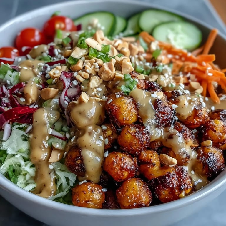 Colorful Peanut Chickpea Protein Bowl served over brown rice, garnished with lime and chopped peanuts.