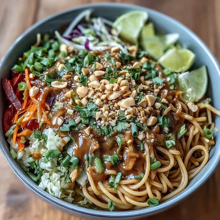 A vibrant Asian Peanut Noodle Bowl served cold, garnished with fresh cilantro and lime wedges for a bright, zesty finish on a rustic wooden table.