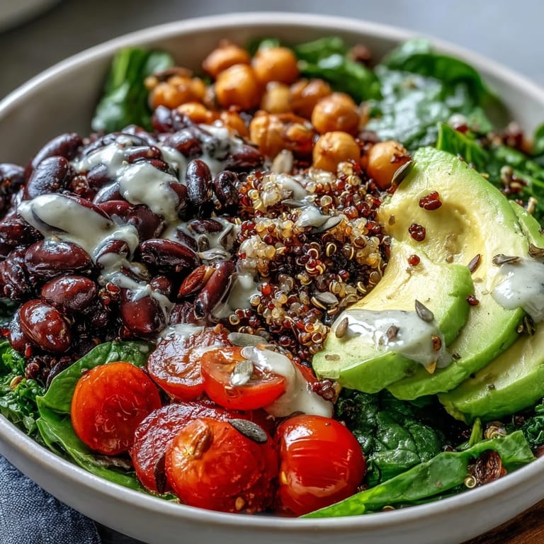 Close-up of the Three-Bean Power Bowl, featuring colorful cherry tomatoes and cucumbers beside creamy avocado slices on wholesome grains.