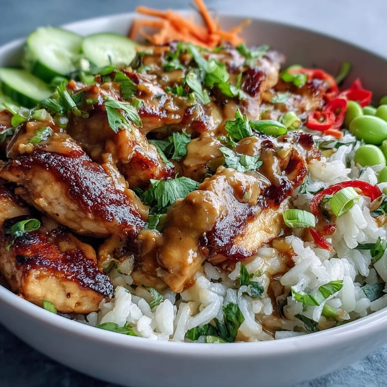 Vibrant Thai Peanut Chicken Bowl garnished with fresh cilantro, chopped peanuts, and lime wedges, showcasing colorful vegetables and tender chicken.