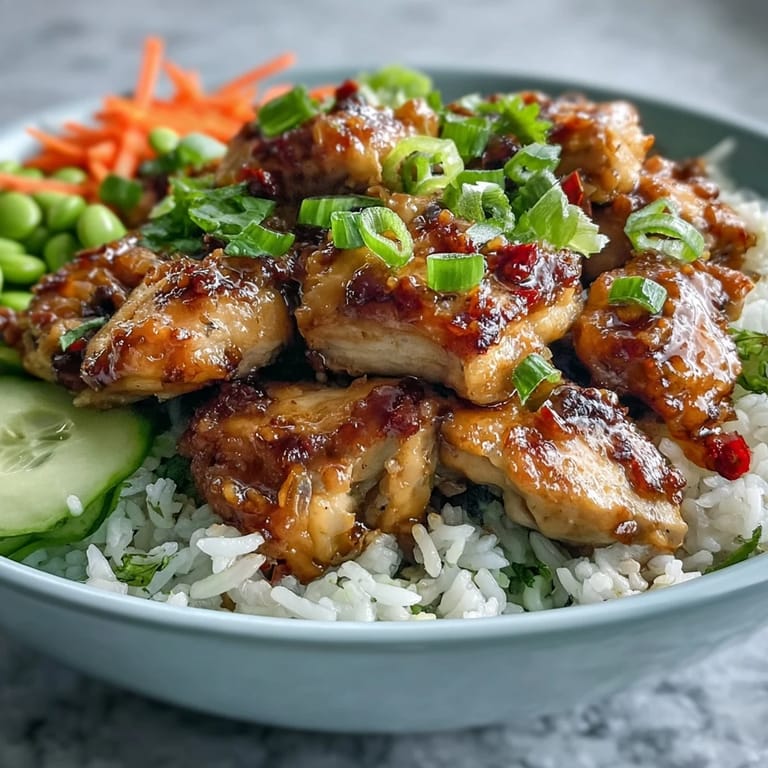 Close-up of a Thai Peanut Chicken Bowl featuring glossy peanut sauce over juicy chicken, shredded carrots, and red bell peppers on fluffy coconut rice.