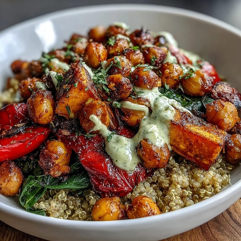 Overhead view of a nutritious Chickpea Power Bowl packed with roasted veggies, grains, and seeds, ready for a healthy lunch.