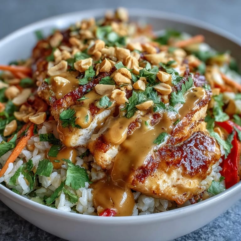 Colorful Peanut Chicken Power Bowl with tender chicken, brown rice, and crunchy veggies topped with rich peanut sauce.